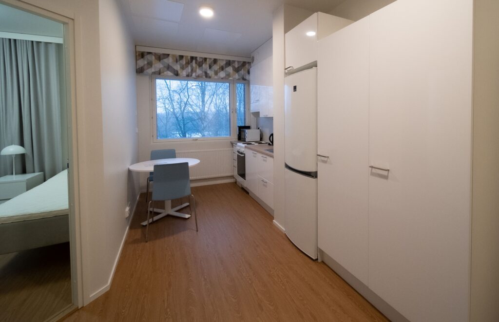 Ikkunallinen huone, jossa on keittiö ja pieni keittiön pöytä tuoleineen. Seinän toisella puolella avautuu makuuhuone.
