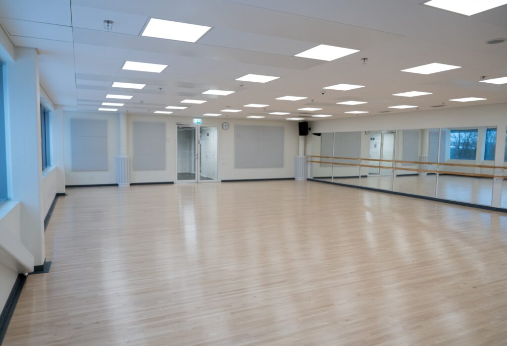 A room with hardwood floor and mirrors with poles
