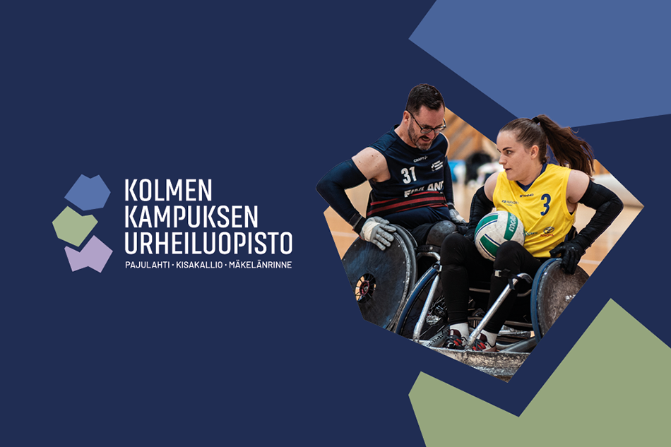 Kolmen kampuksen urheiluopiston logo ja kaksi pyörätuoliurheilijaa pelaamassa rugbya